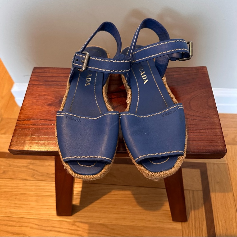 Blue Prada Leather Espadrille Sandals, size 36